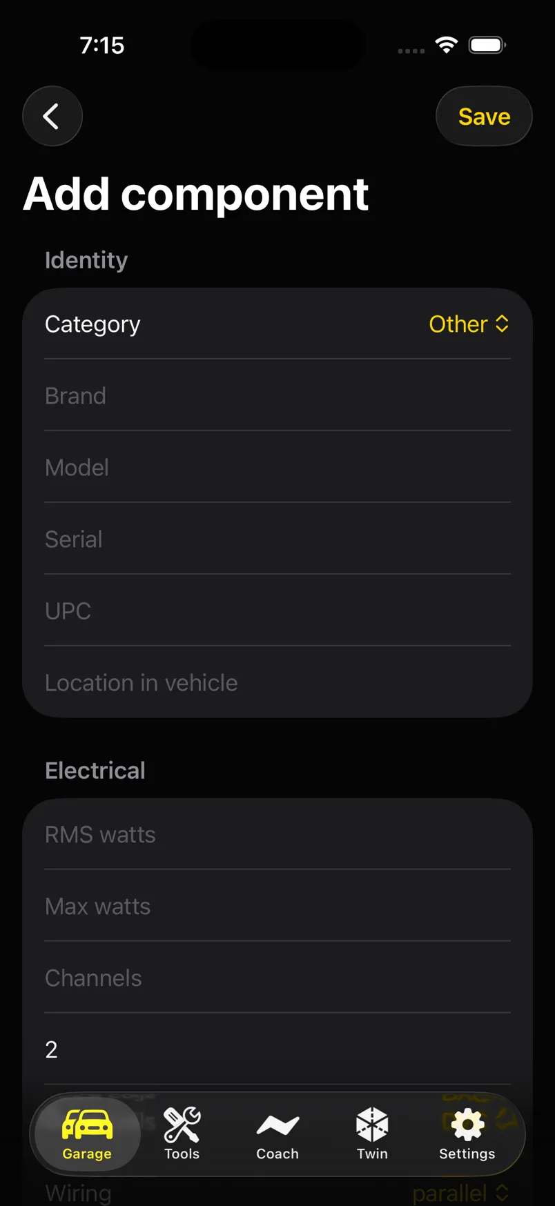 Add component form with category, brand, model, serial, UPC, location, and RMS fields.