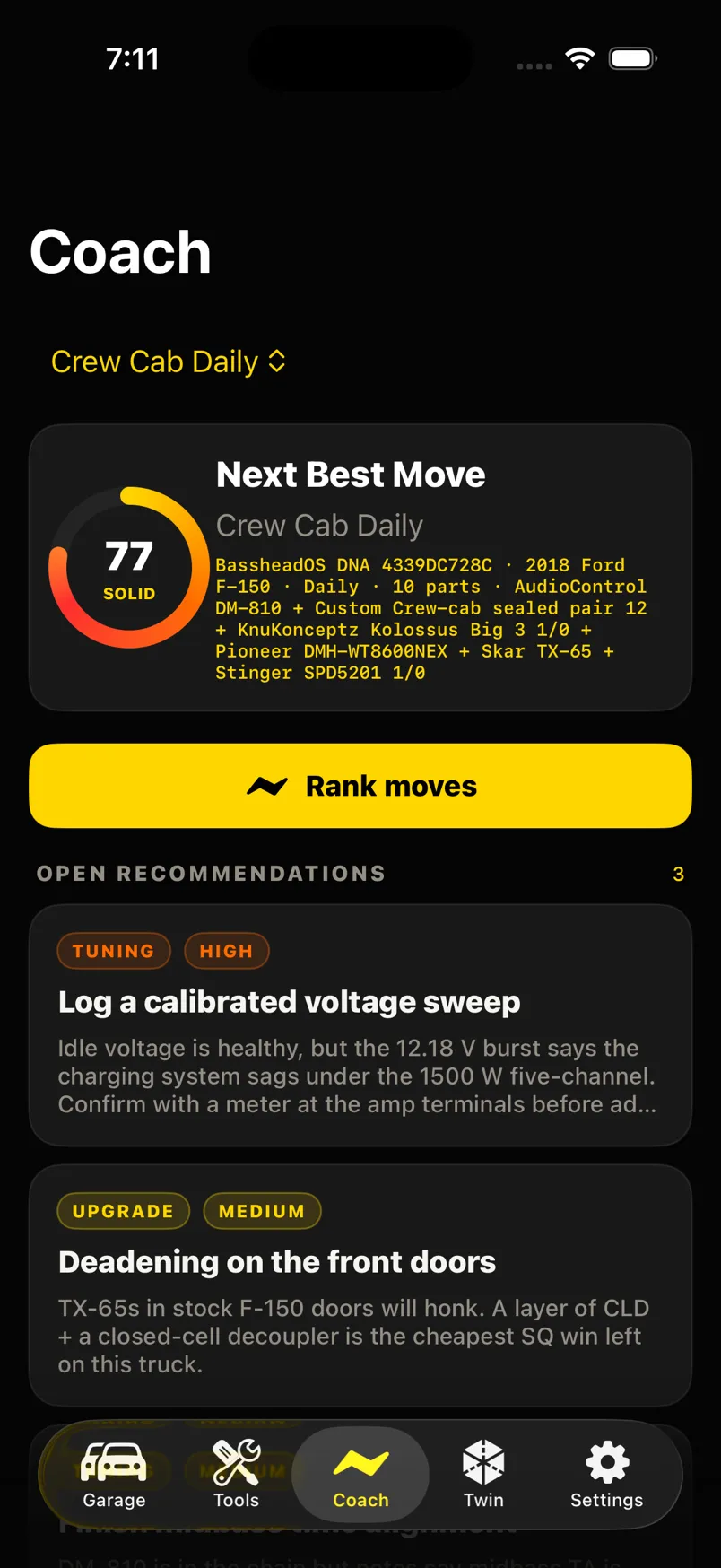 Coach tab for Crew Cab Daily: health 77 Solid, Rank moves, and open recommendations for a voltage sweep and door deadening.