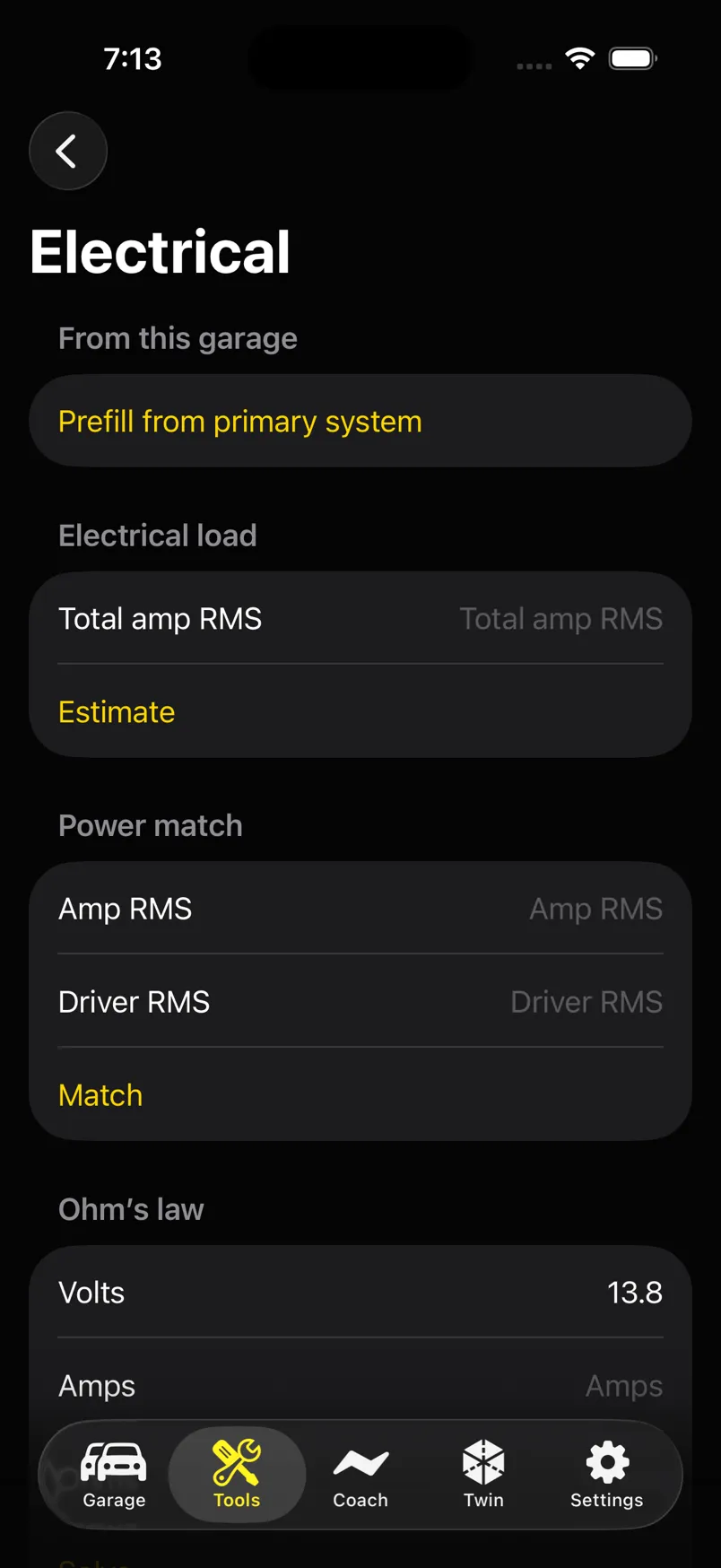 Electrical tools: load estimator, power match, and Ohm’s law at 13.8 volts.