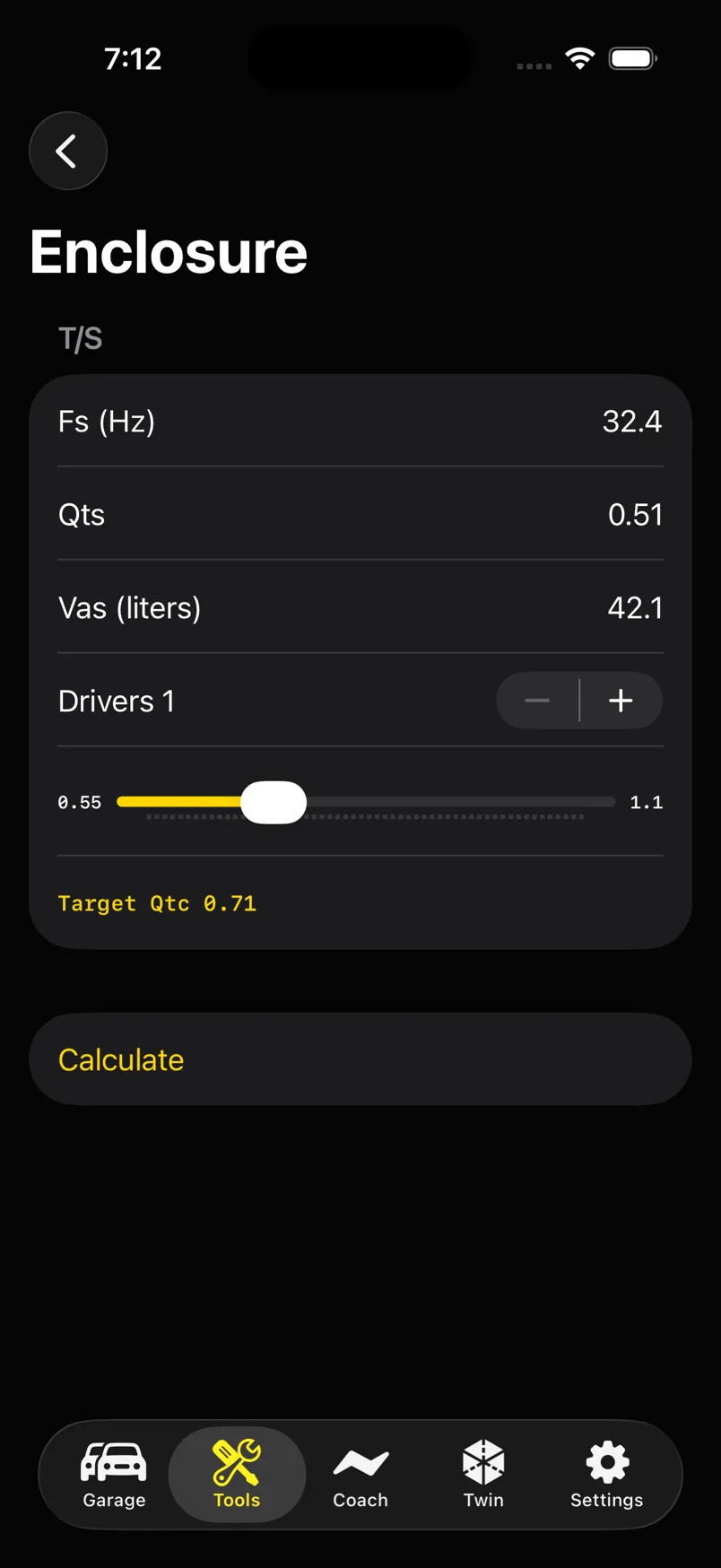 Enclosure calculator with T/S fields and target Qtc 0.71.
