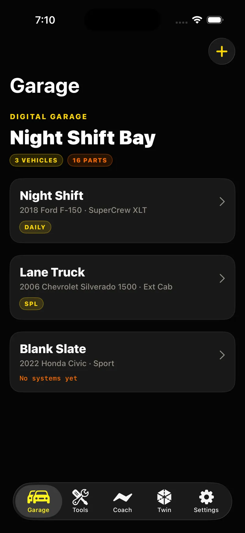 BassheadOS Garage listing Night Shift Bay with three vehicles and sixteen parts.