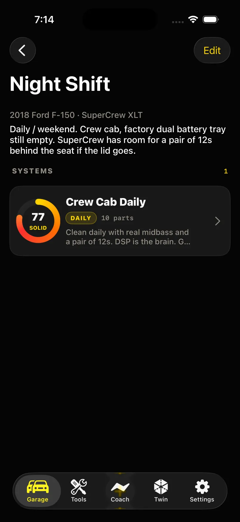 Night Shift vehicle detail showing Crew Cab Daily at health 77 Solid.