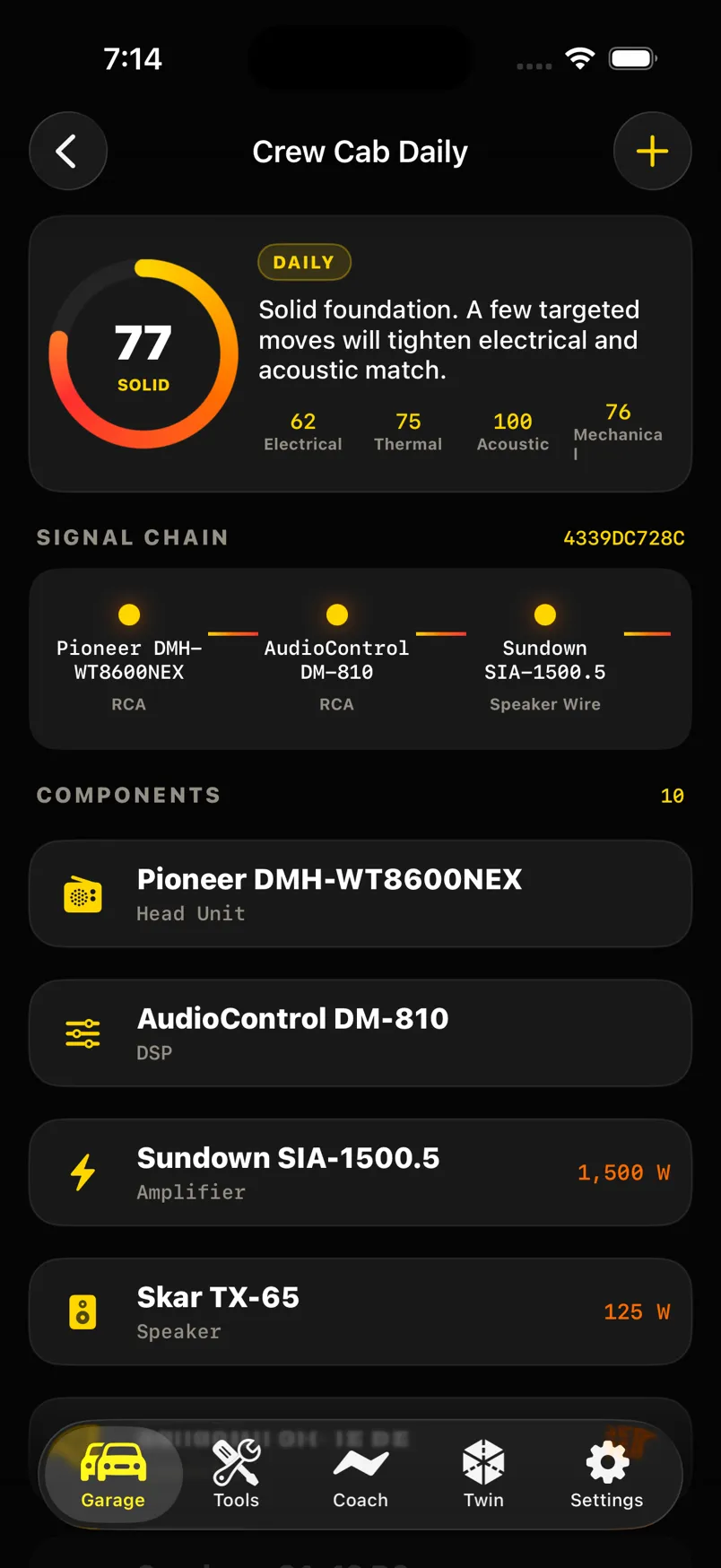 Crew Cab Daily system health 77 Solid with electrical, thermal, acoustic, and mechanical scores plus the signal chain.