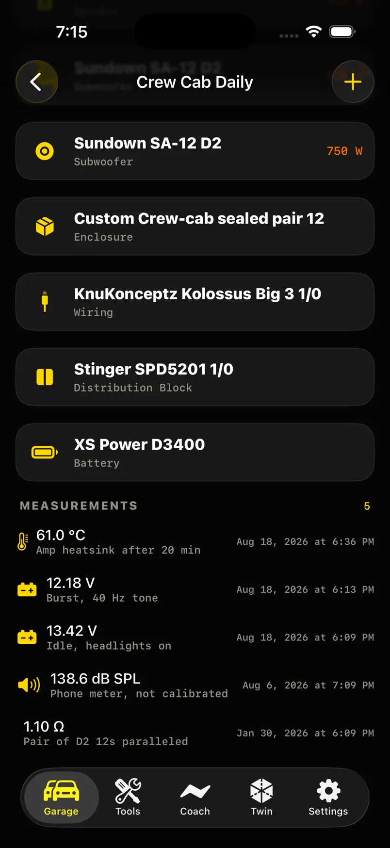 Measurements: 61 degrees C heatsink, 12.18 V burst, 13.42 V idle, 138.6 dB uncalibrated, 1.10 ohm.
