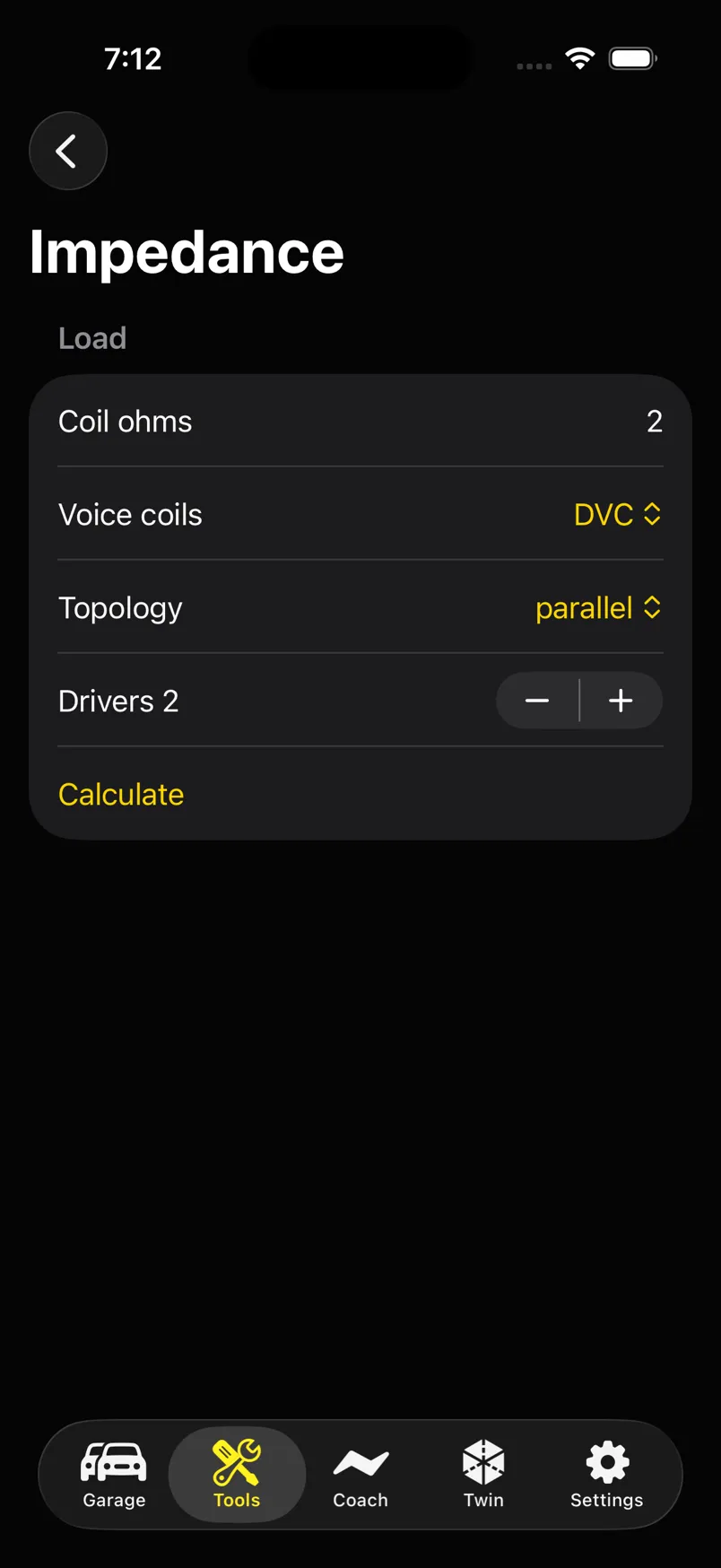 Impedance calculator set to 2 ohm DVC, parallel, two drivers.