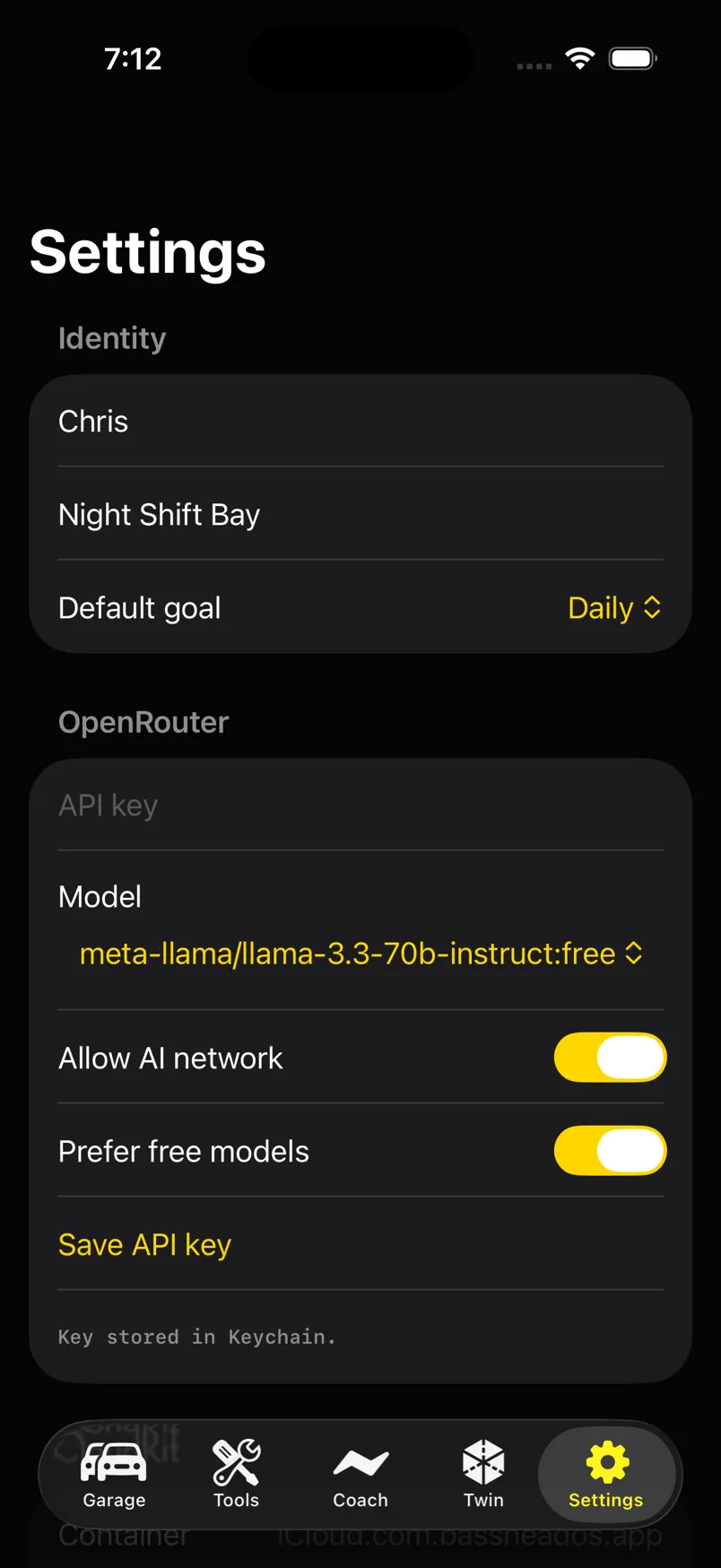Settings identity and OpenRouter key stored in Keychain, with AI network toggles.