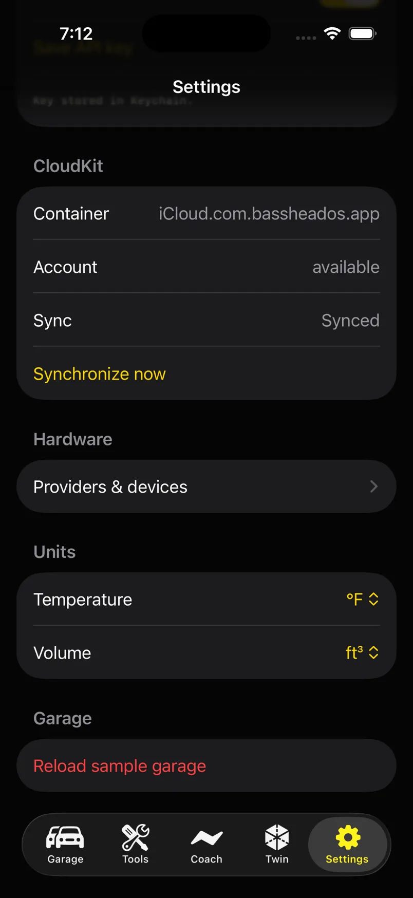 CloudKit container iCloud.com.bassheados.app synced, hardware providers, units, and reload sample garage.