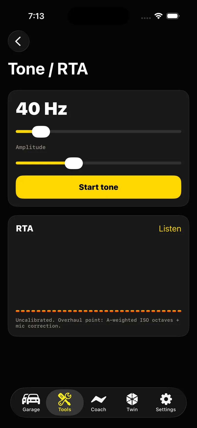 Tone generator at 40 Hz with amplitude sliders and an uncalibrated RTA pane.