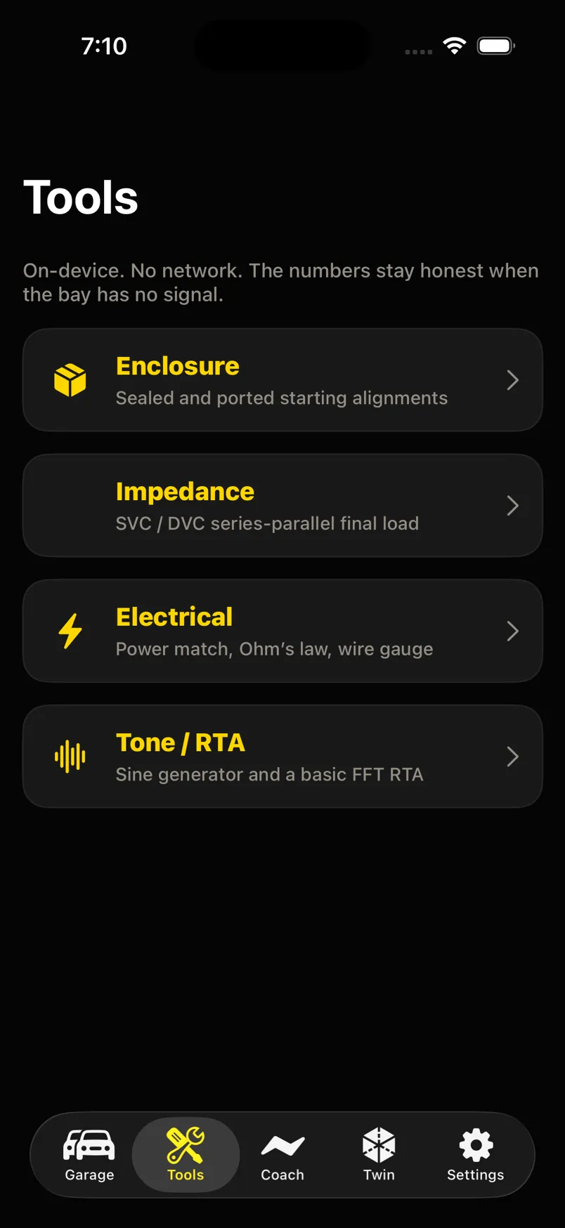 Tools tab listing Enclosure, Impedance, Electrical, and Tone / RTA.